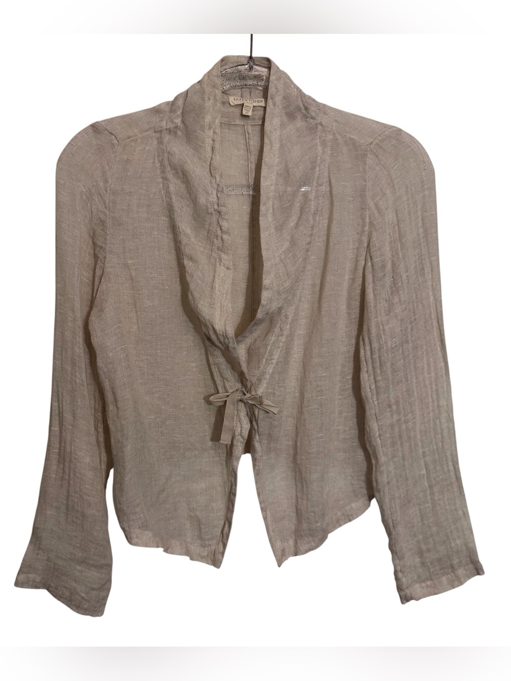 Eileen Fisher Size Petite Small Cream Linen Front Tie Top Lagenlook Long Sleeve